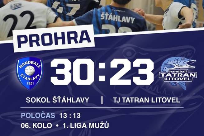 1. liga mužů: Sokol Šťáhlavy - Tatran Litovel 30:23 (13:13)